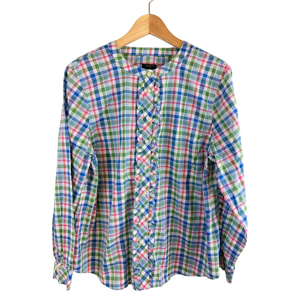 Talbots Ruffle Front Plaid Blouse Women XL Petite Multi-Color Cotton Linen
